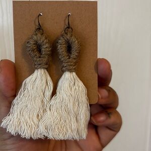 Handcrafted White and Brown Tassel Earrings